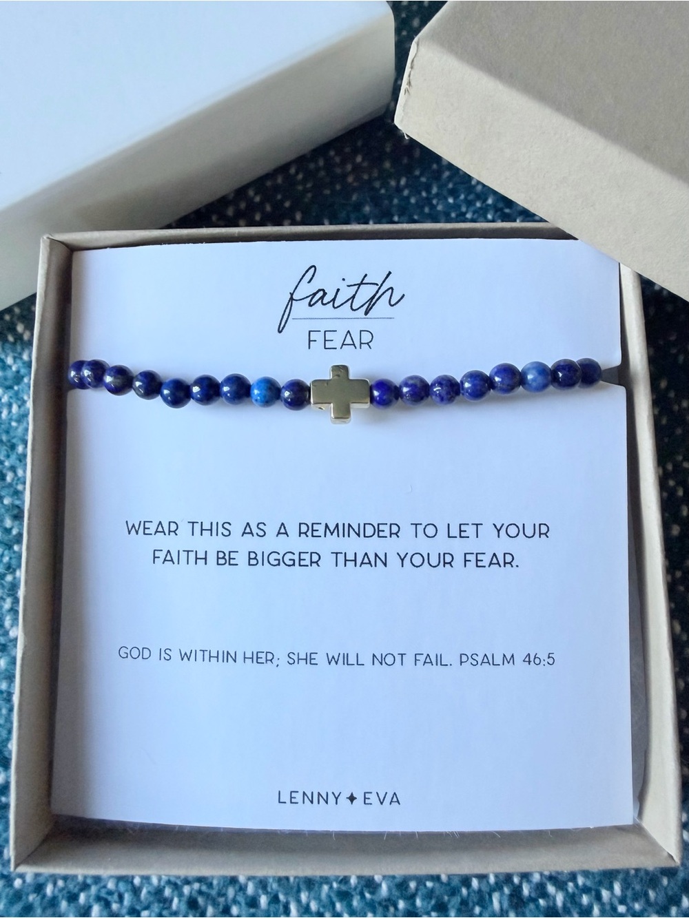 Lenny & Eva Faith Over Fear 3mm Lapis Lazuli Gold Cross Bracelet Psalm 46:5